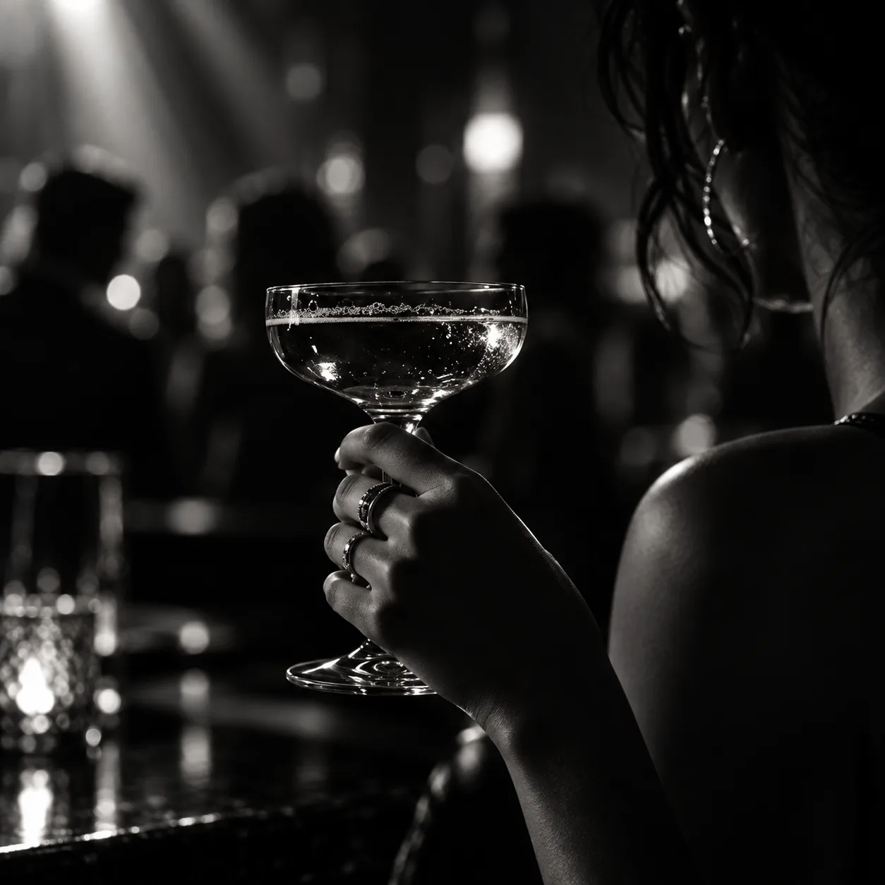 Black and white brand photograph: a hand holding a coupe glass in a dim, crowded room.