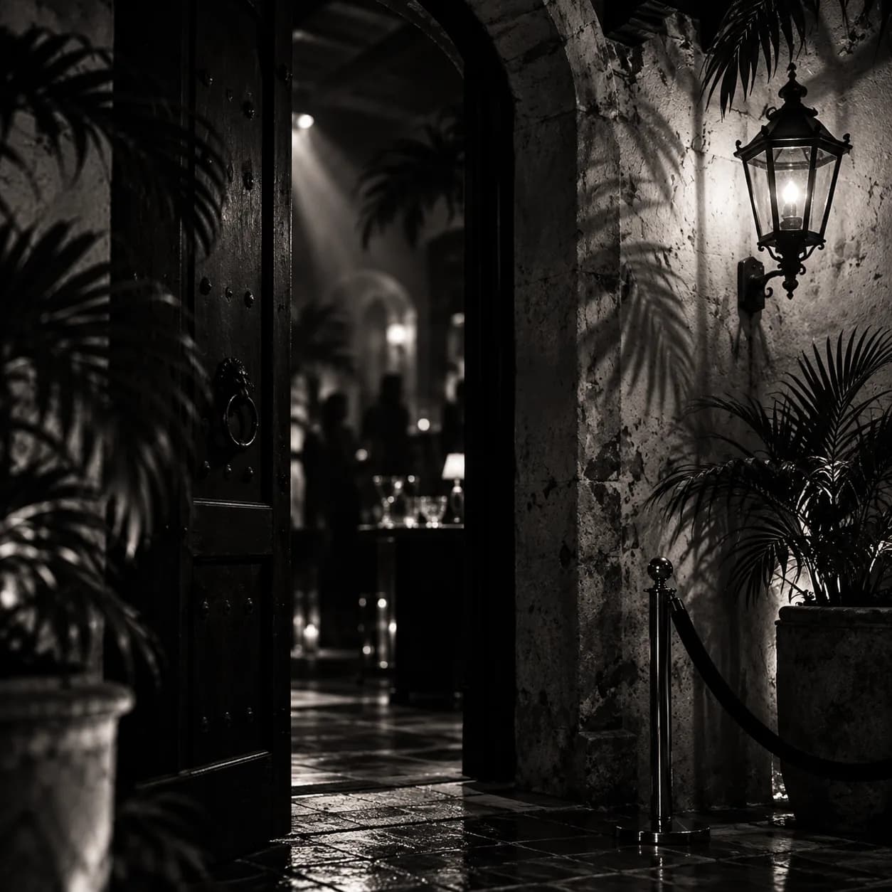 Black and white brand photograph: a candlelit doorway behind a velvet rope.